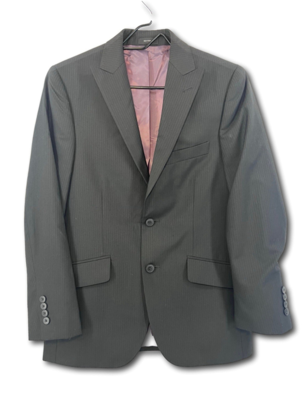 J Ferrar Men Pinstripe Suit Blazer Black Peak Lapel Purple Lining No Size Tag
